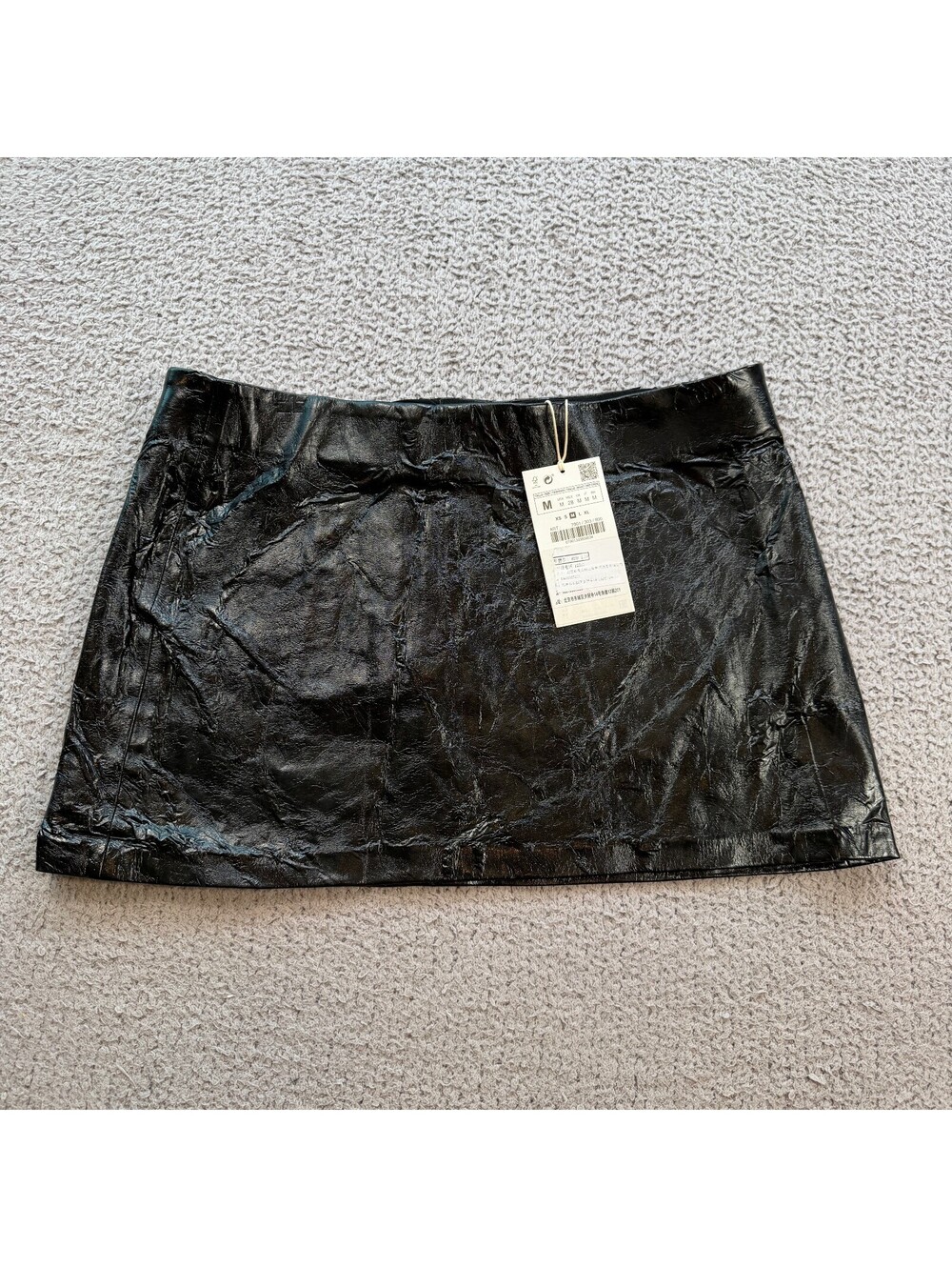 Zara Trafaluc Black Crinkle Patent Faux Leather Micro Mini Skirt M NWT